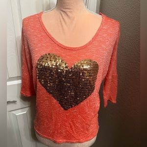 Sequin Heart Button Back Coral Top